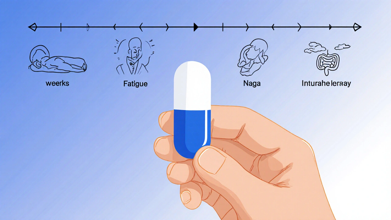 A person holding a capsule with a timeline showing symptom relief and intestinal healing over eight weeks.