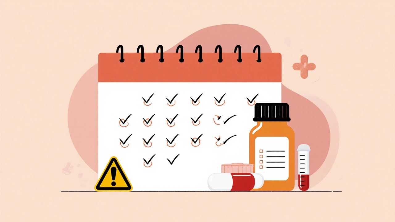 Calendar, pill bottle, and blood test tube with subtle warning symbols for side effects and monitoring.