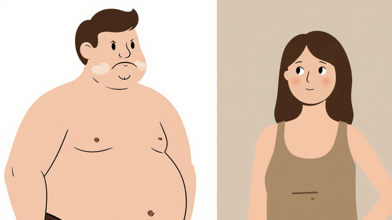 Side-by-side comparison of a person affected by systemic steroids versus one treated with targeted medication.
