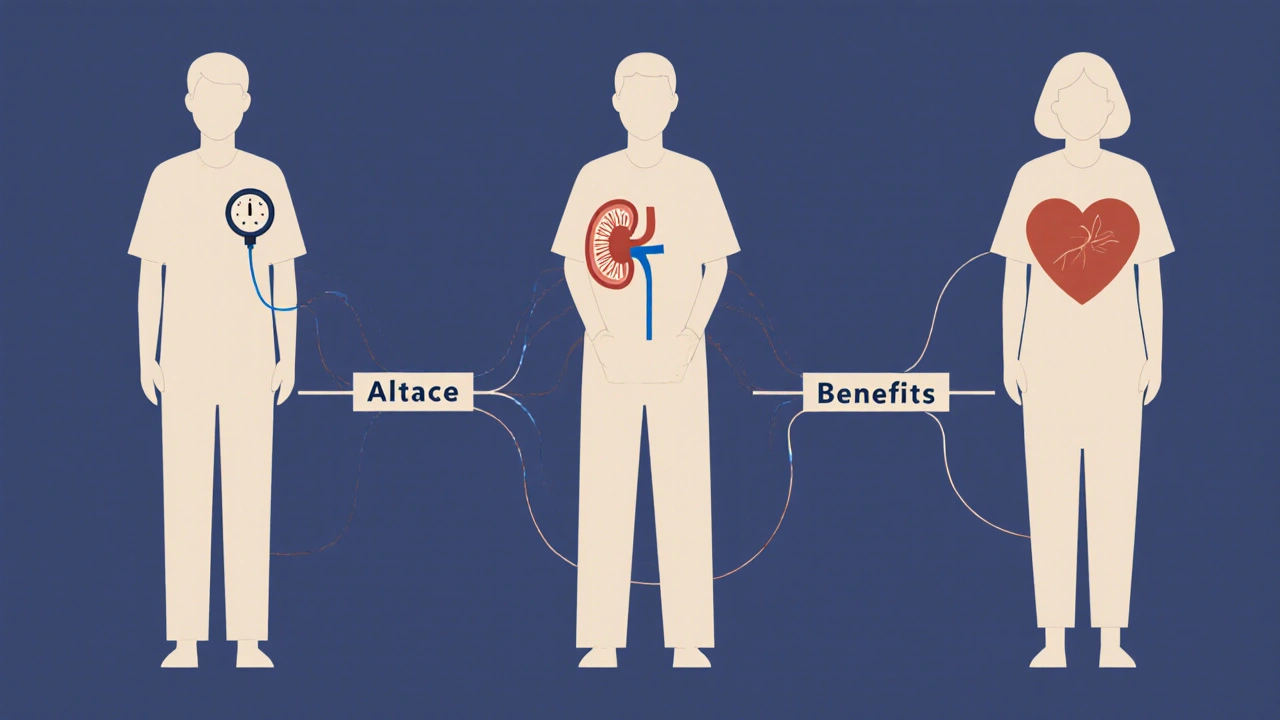 Three patient silhouettes connected by a line symbolizing Altace&#039;s protective benefits for heart, kidney, and post-heart attack care.