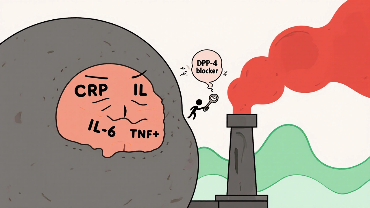 A fat cell releasing inflammatory smoke, calmed by a GLP-1 wave and a DPP-4 blocker key.