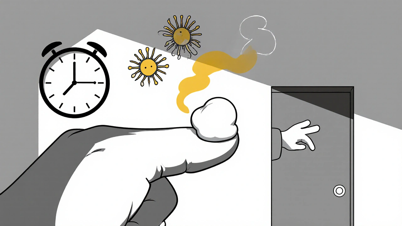 A fingertip with antibiotic cream causing bacteria to vanish, with a clock and clinic in the background.