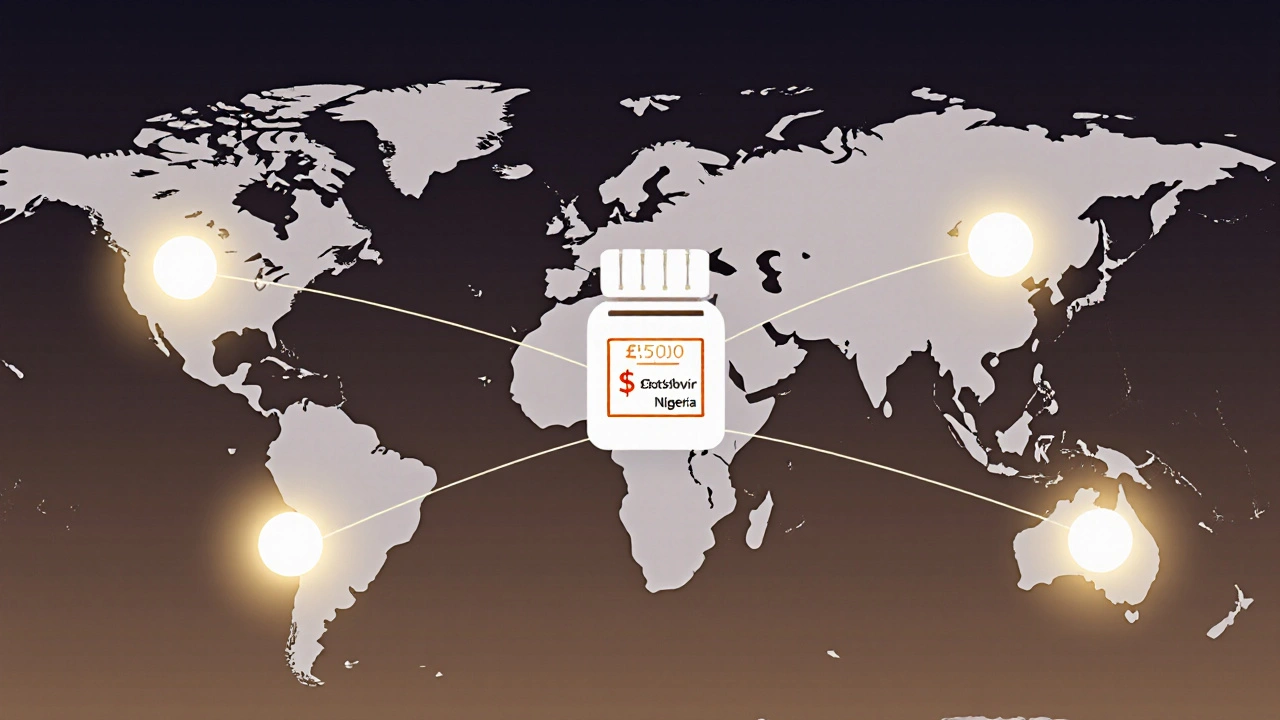 A global map with dots and arrows pointing to a single sofosbuvir pill, showing cost differences across countries.