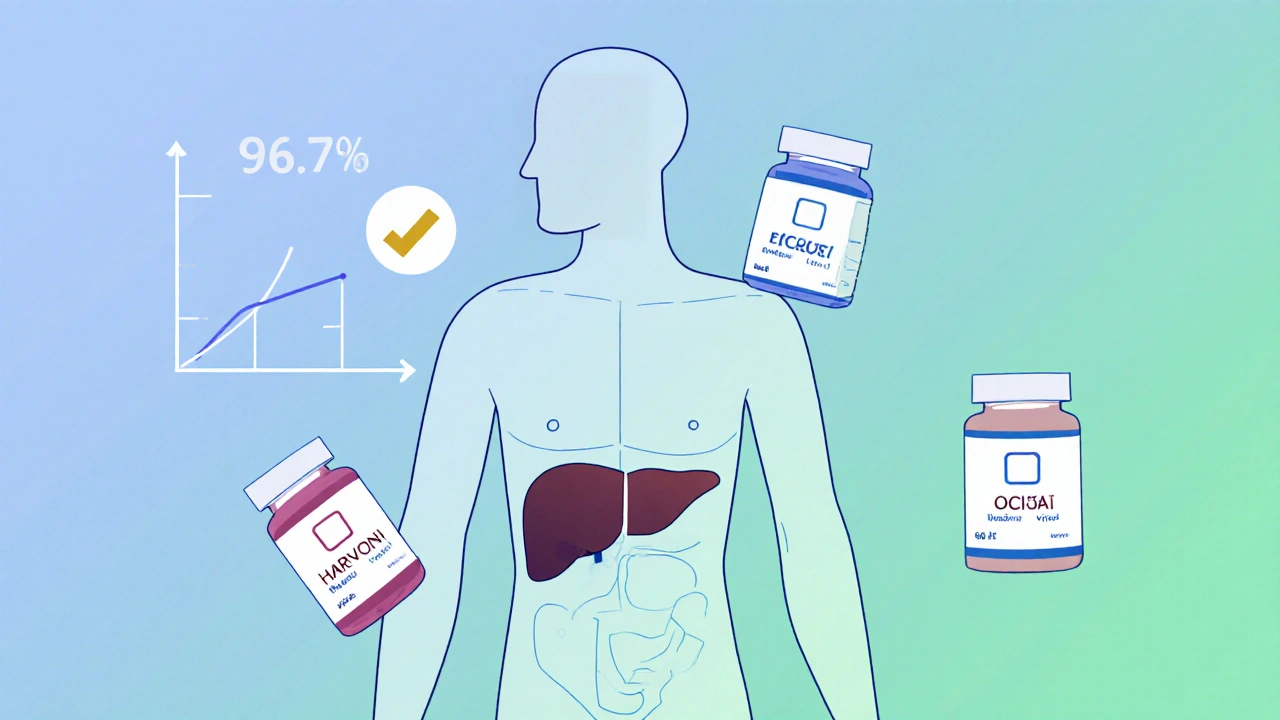 A human silhouette with a healthy liver and three DAA pill combinations nearby, symbolizing treatment success.