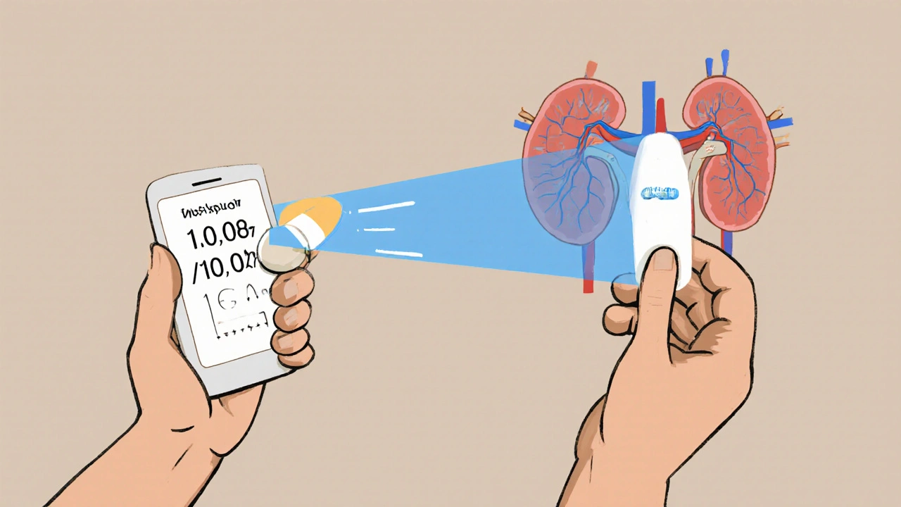A pill connecting high blood sugar to a healthy heart, kidney, and nerve with blue light.