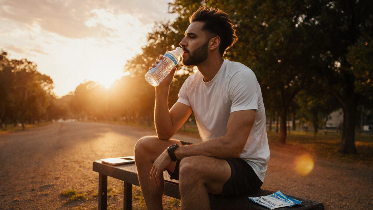 Athlete drinking electrolyte drink after race, with scale and breathable clothing indicating recovery.