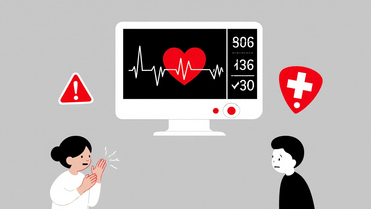 Cartoon of a heart monitor with prolonged QT, a person clutching chest, and an emergency sign.