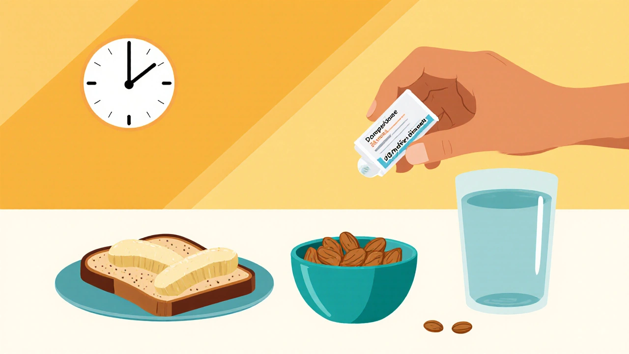 Cartoon of a person taking Domperidone with toast, water, banana, and almonds before a meal.