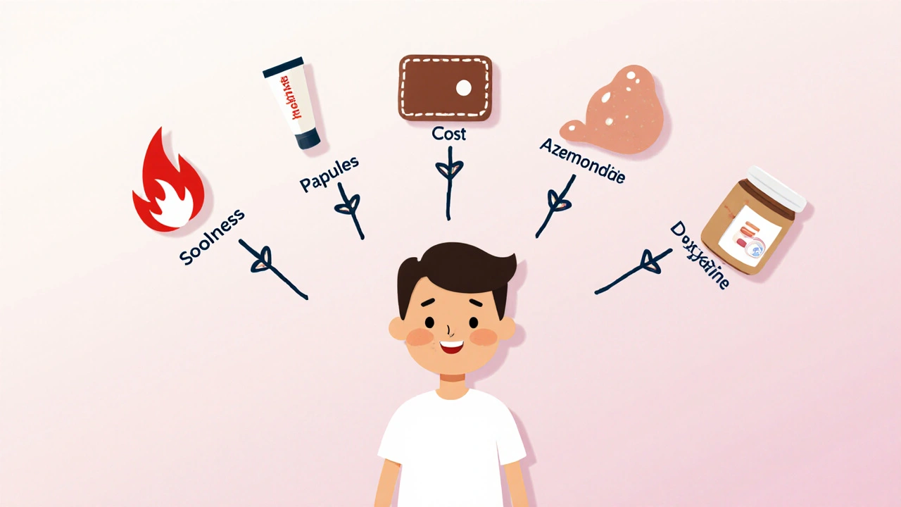 Cartoon person choosing rosacea treatments based on symptom icons.