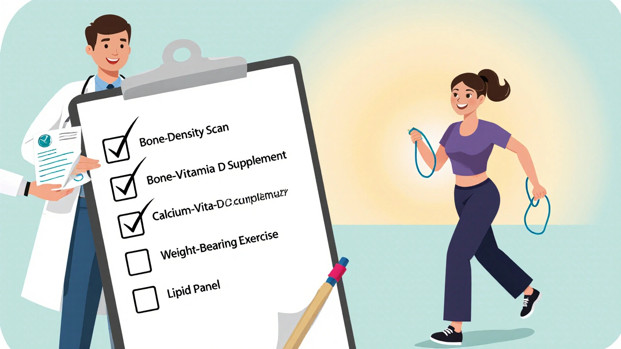 Checklist with doctor, calcium supplement bottle, and woman doing weight‑bearing exercise beside a sunrise.