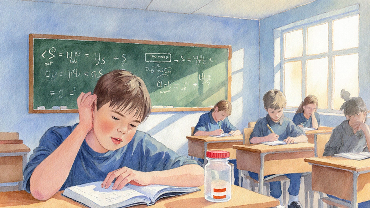 Classroom scene with a sleepy student and subtle medication hint beside a desk.