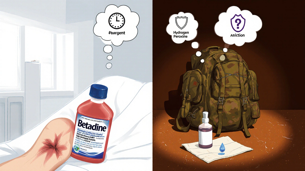 Clinician choosing antiseptics for a deep wound and a field clinic scenario.