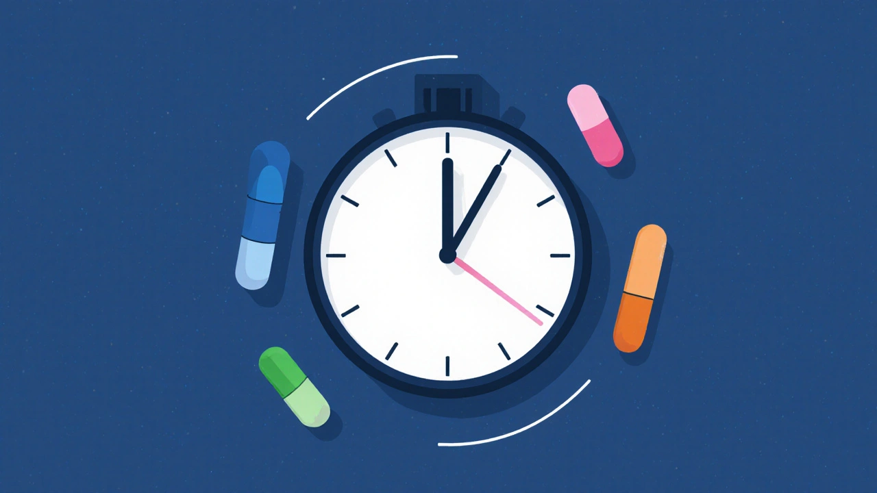 Clock with minute marks and colored bars showing pill onset and duration times.