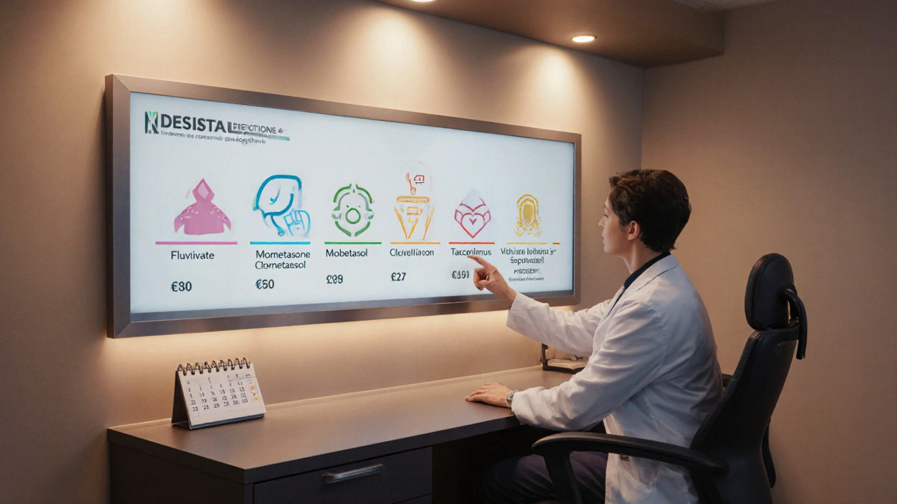 Dermatologist consulting patient with a decision board of topical creams and cost tags.