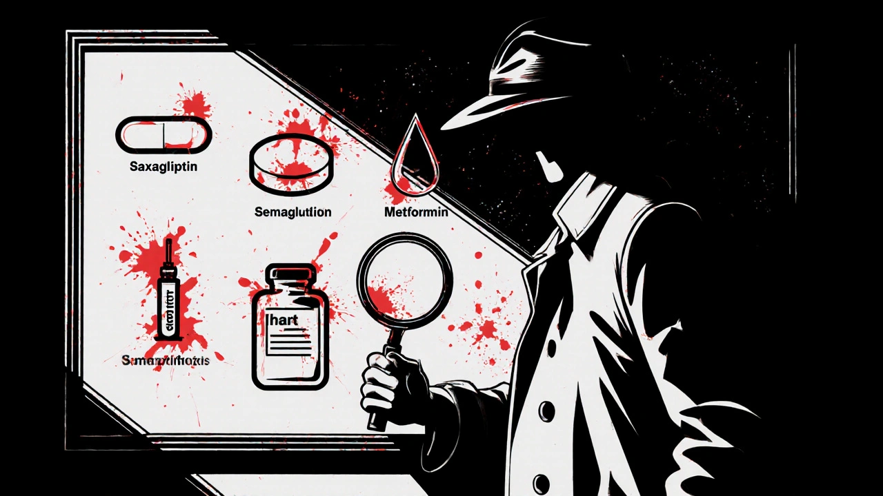 Detective doctor examines a board of drug icons, magnifying glass over Onglyza, red risk symbols present.