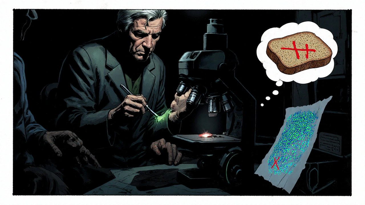 Doctor takes skin biopsy; microscope shows glowing IgA pattern and gluten‑free test papers.