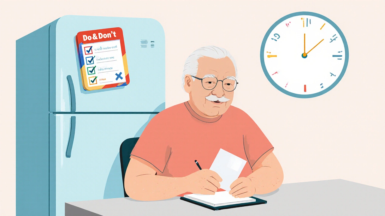Elderly person reviewing a medication card and notebook beside a fridge checklist.