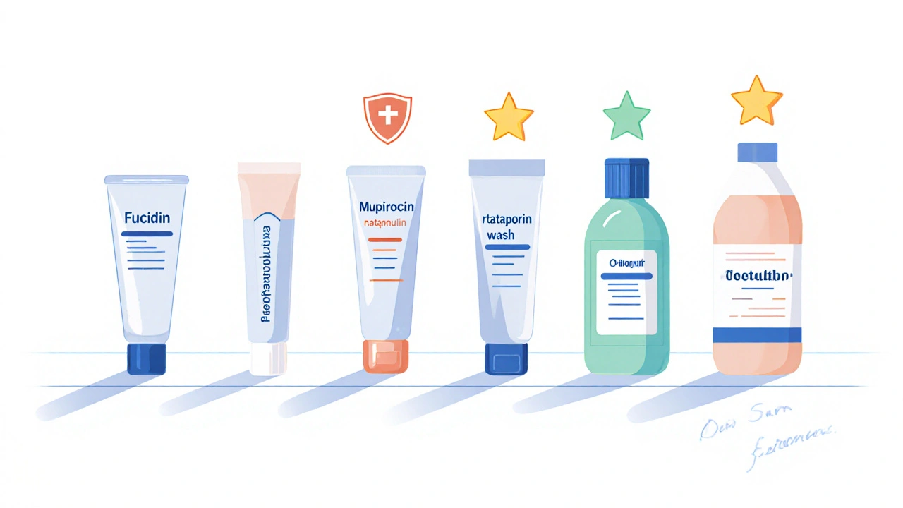 Five minimalist tubes representing different skin infection treatments arranged side by side.