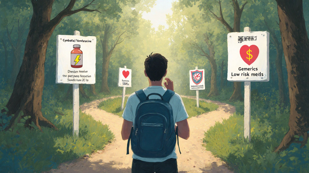 Forest path fork with signposts indicating different medication choices for pain, sexual function, and cost.