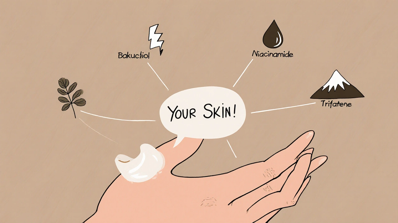 Hand applying cream with floating skincare icons representing alternatives and treatments