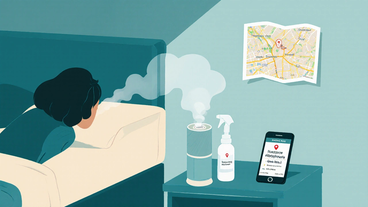 Hotel room scene with USB humidifier, saline rinse bottle, and phone reminder for allergy spray.