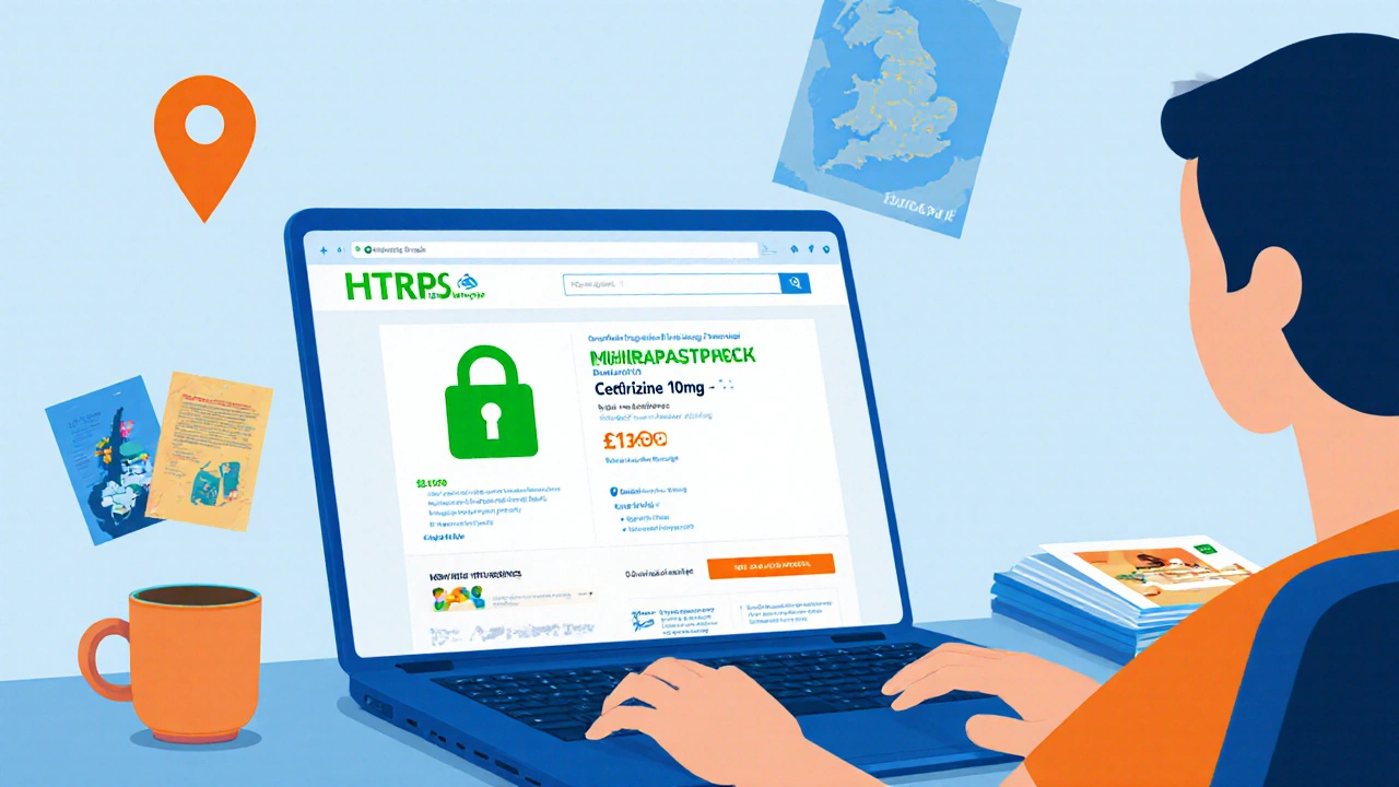 Illustration of a laptop showing a secure pharmacy website with MHRA registration and price.