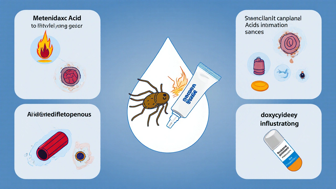 Illustration of ivermectin killing a mite and other rosacea treatment actions.