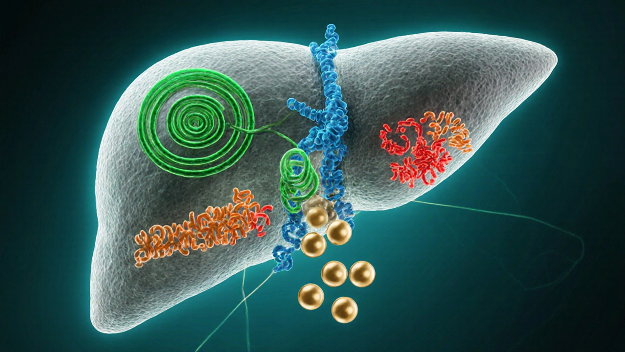 Illustration of liver cells with EGCG molecules binding to HMG‑CoA reductase, showing LDL receptors.