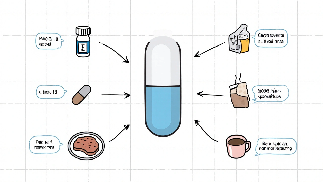List of icons representing drug interactions linked to a central Carbidopa‑Levodopa pill.