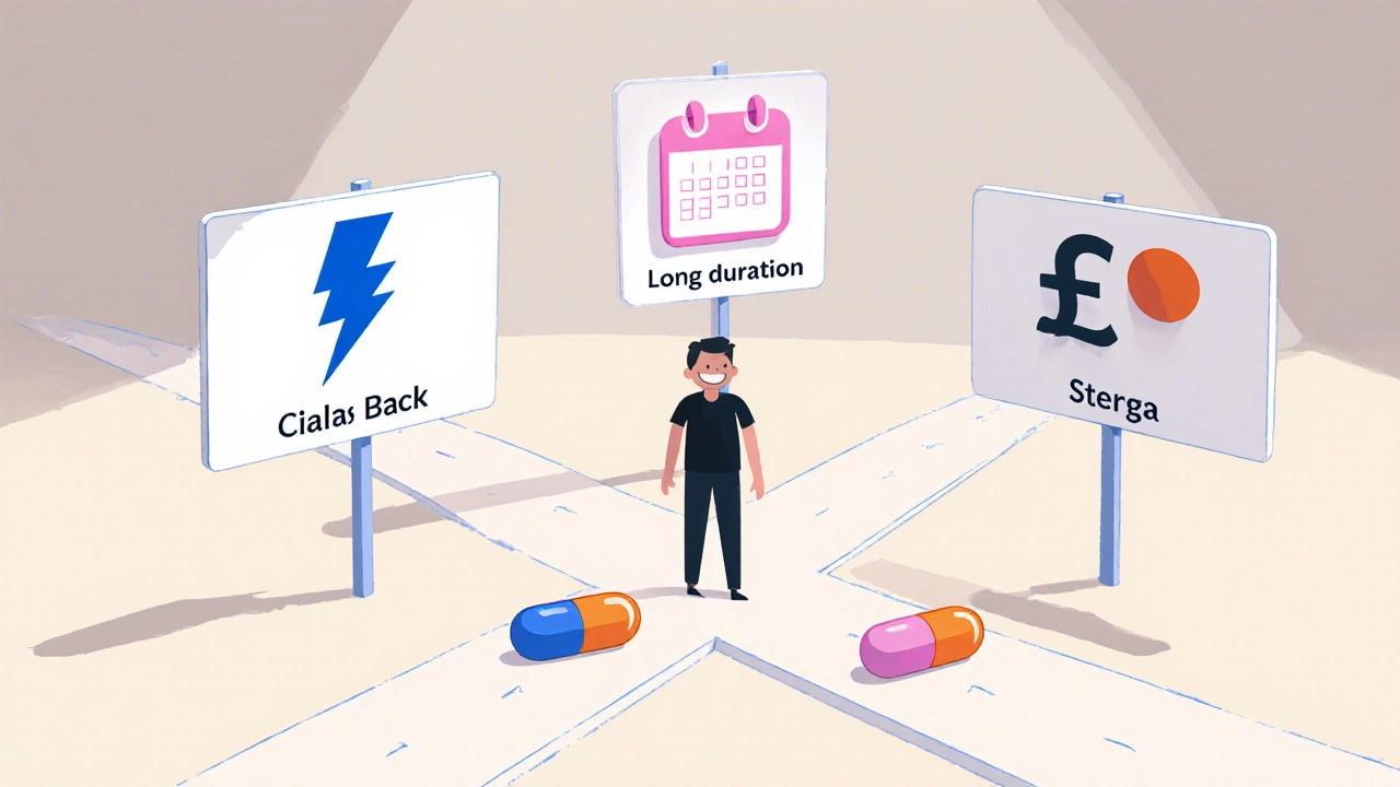 Man at a crossroads with icons for fast onset, long duration, and cost beside pill icons.