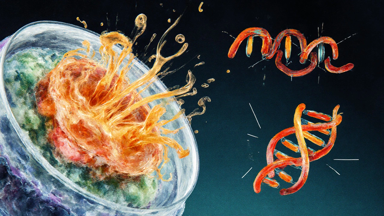 Microscopic view of iodine molecules destroying bacterial proteins and DNA.