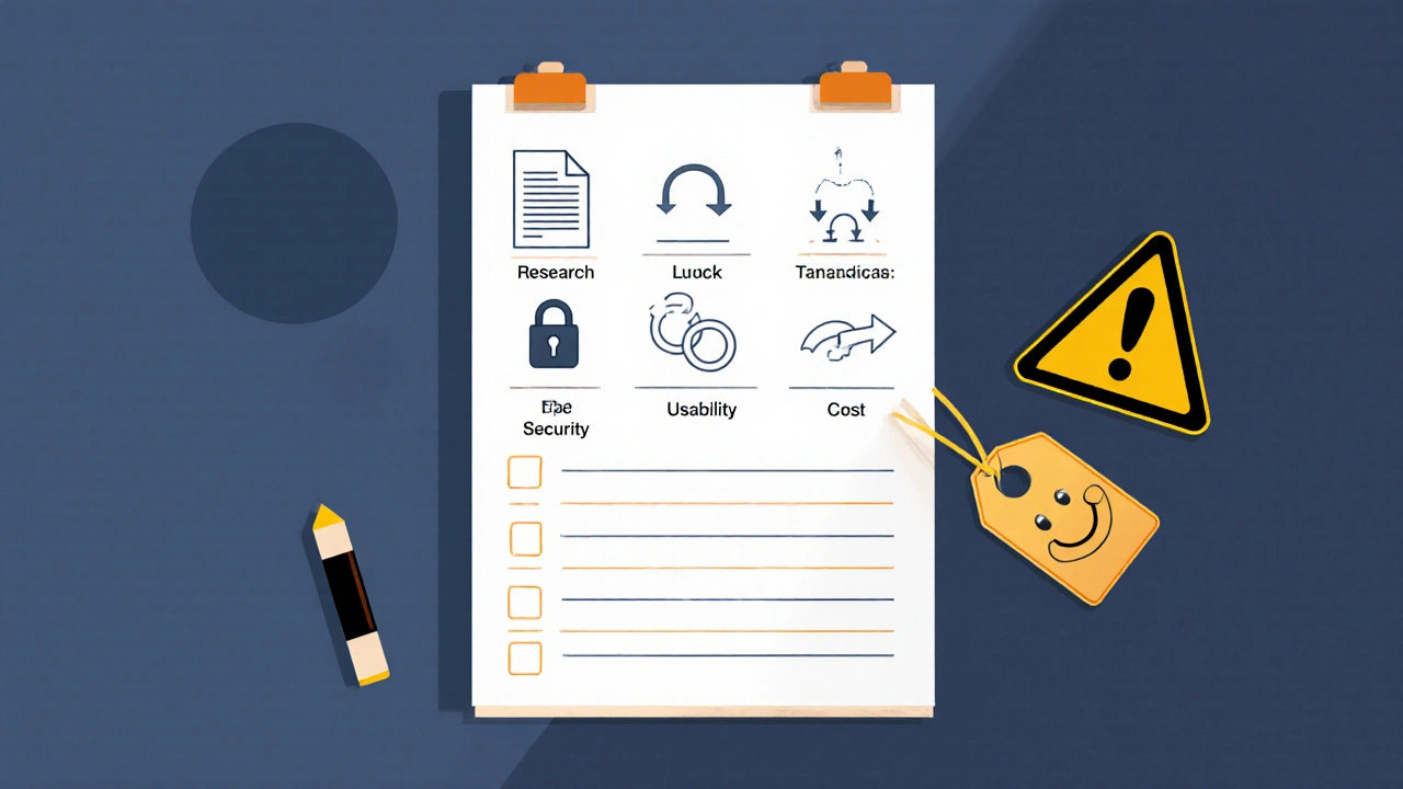 Minimalist cartoon checklist with icons for evidence, security, integration, usability, cost, and a privacy warning.
