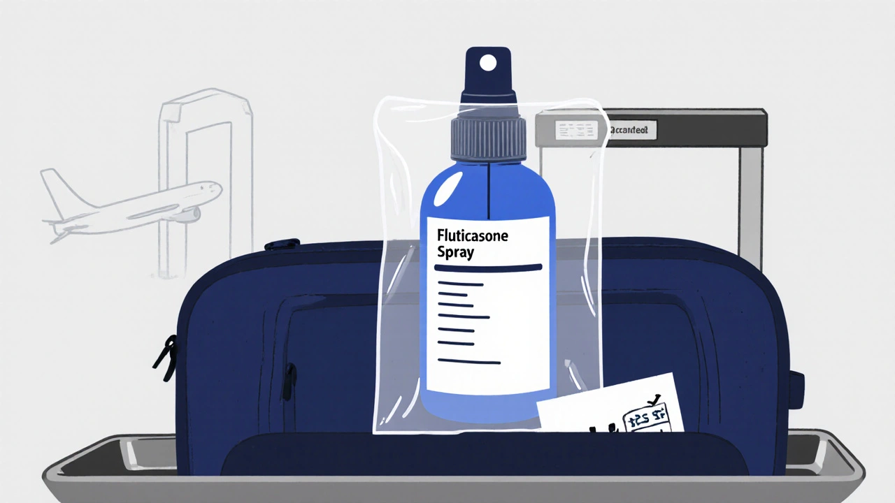 Open carry‑on bag showing travel‑size fluticasone bottle, prescription label, and TSA‑approved clear bag.
