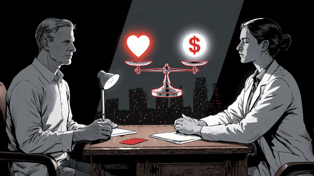Patient and doctor weigh heart, kidney, and cost icons on a scale under a single lamp.