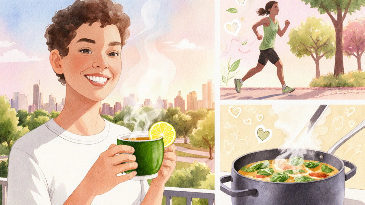 Person enjoying green tea, jogging, and cooking with tea, depicting a heart‑healthy lifestyle.