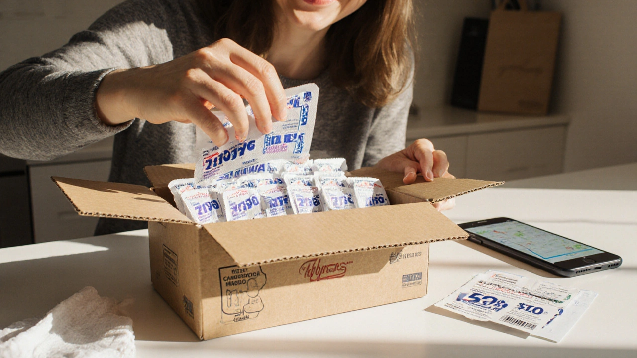 Person opening a delivery box with generic Zyrtec packs on a sunny kitchen counter.
