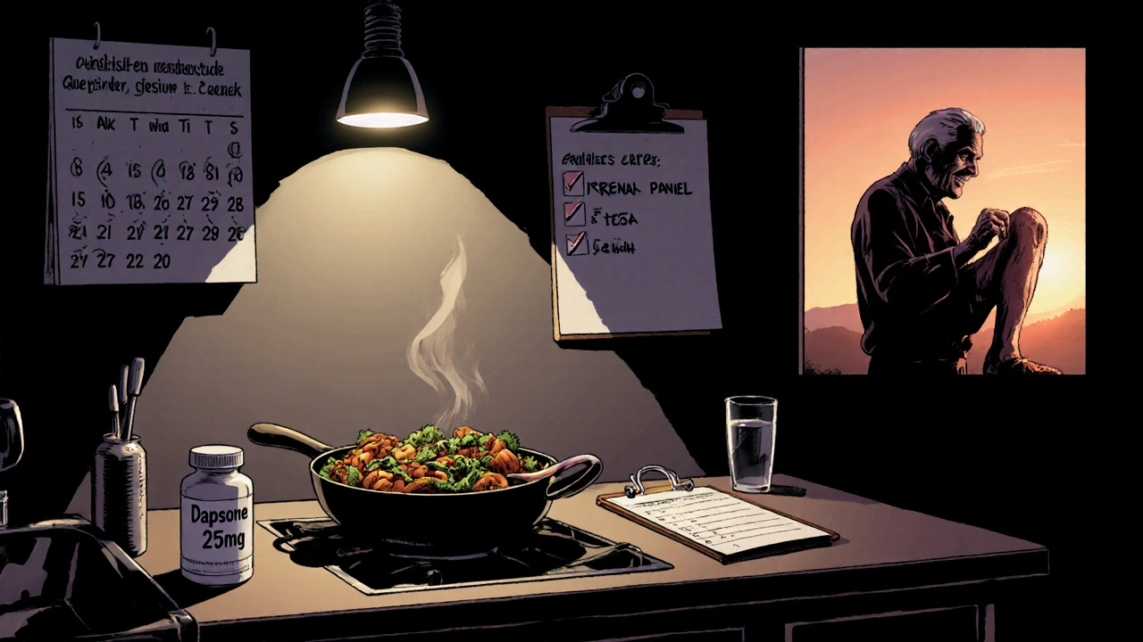 Senior cooks gluten‑free stew, pill bottle and health checklist displayed in dim kitchen.