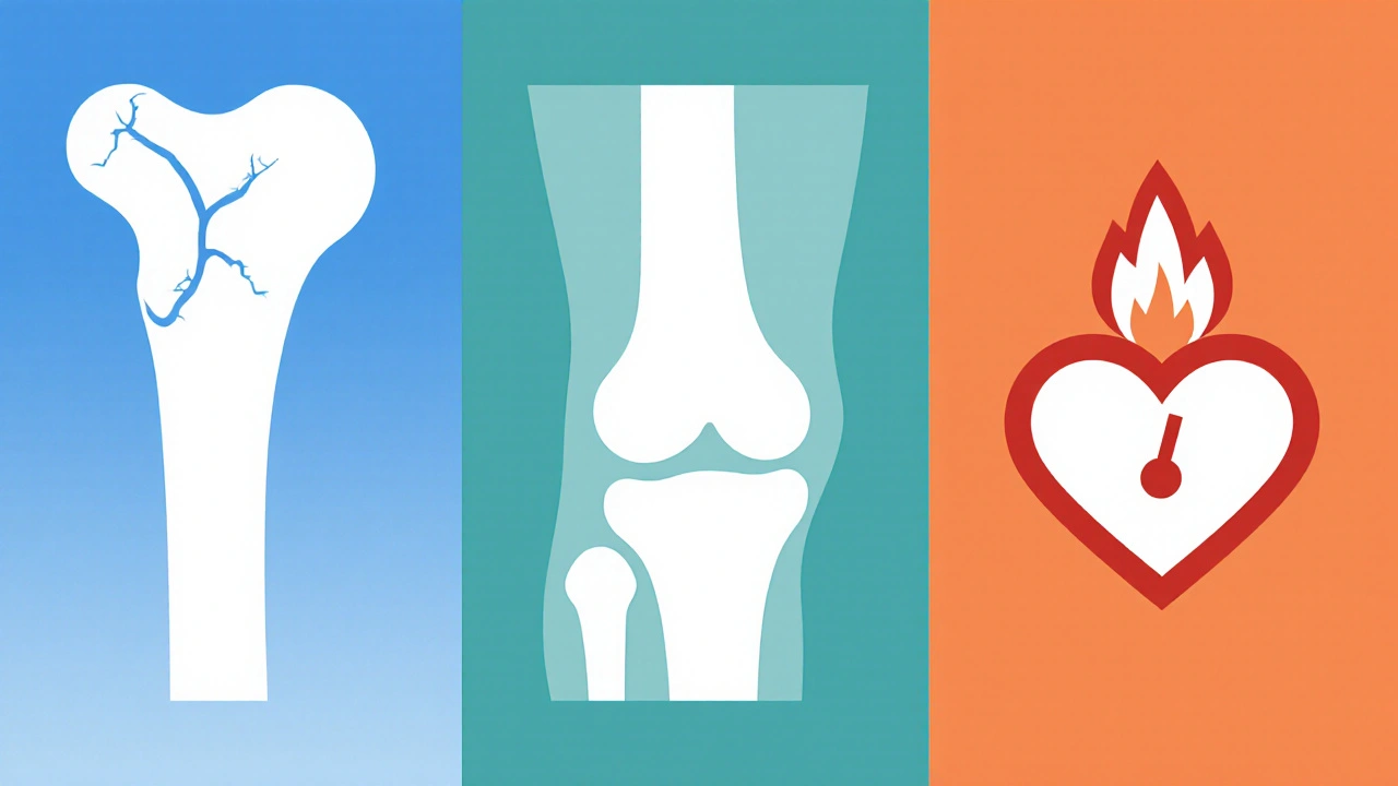 Simple icons showing weakened bone, aching knee, hot‑flash flame, and heart with cholesterol gauge.