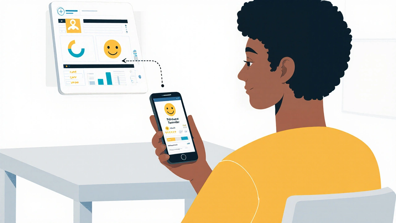 Simple illustration of a person logging mood on a phone with medication reminder and doctor dashboard.