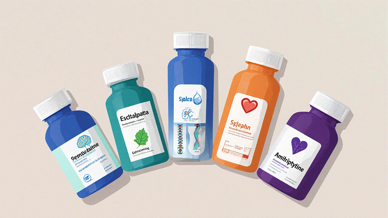 Six medication bottles with icons showing their main uses arranged on a pastel background.