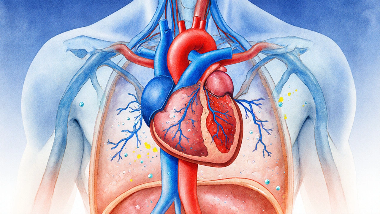 Stylized torso cross‑section showing heart pumping faster, reduced blood volume, and sodium particles.