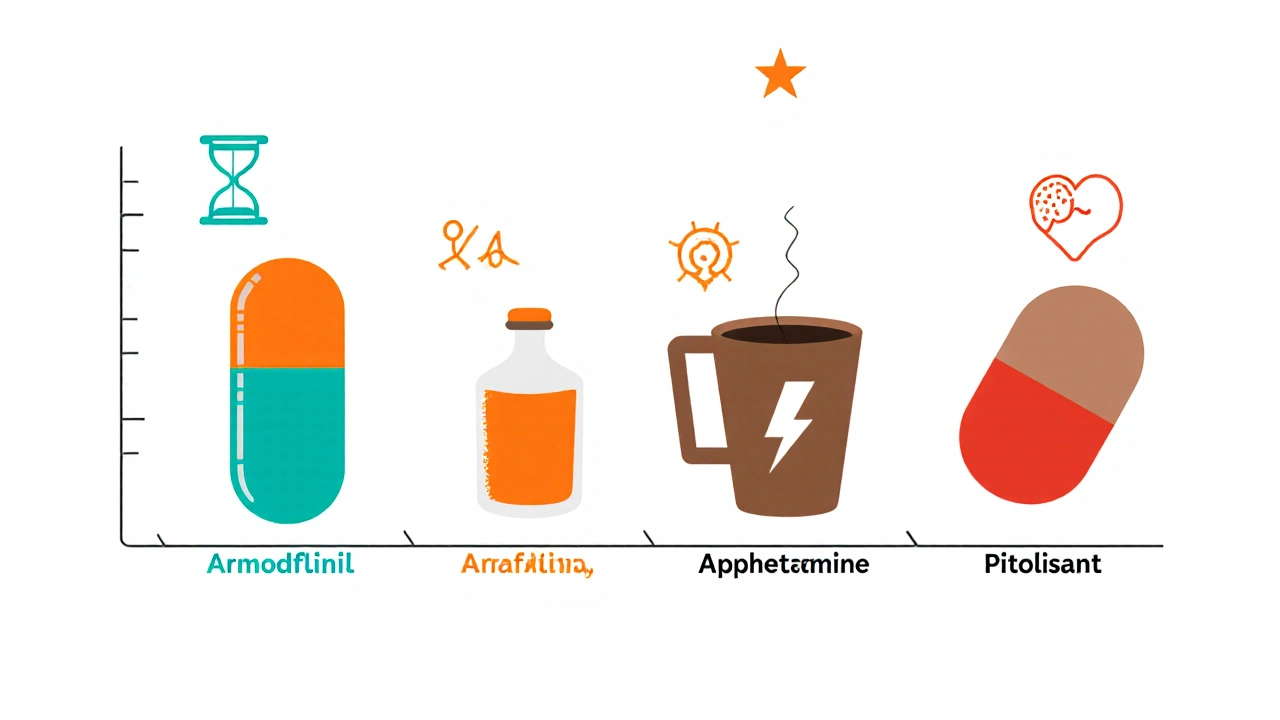 Timeline of wakefulness agents with icons for duration and side effects.