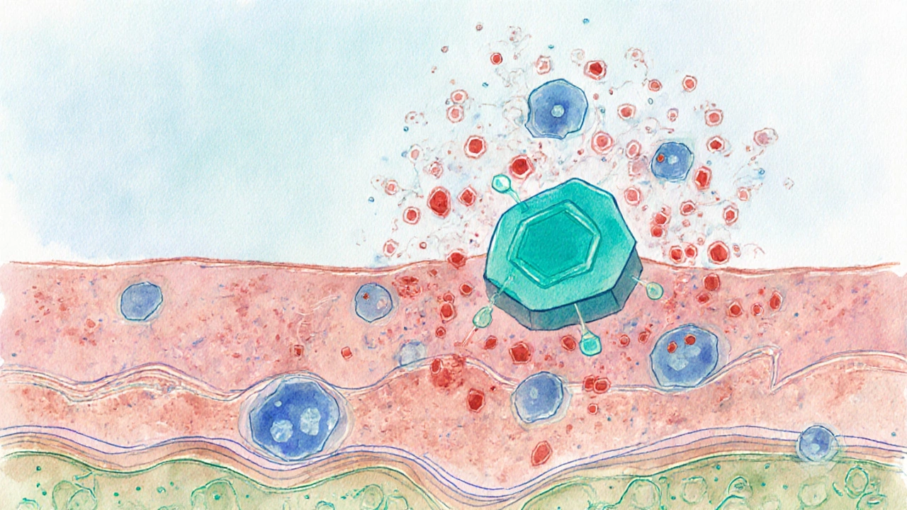 Watercolor skin cross‑section showing fluticasone binding to receptors and reducing cytokines.