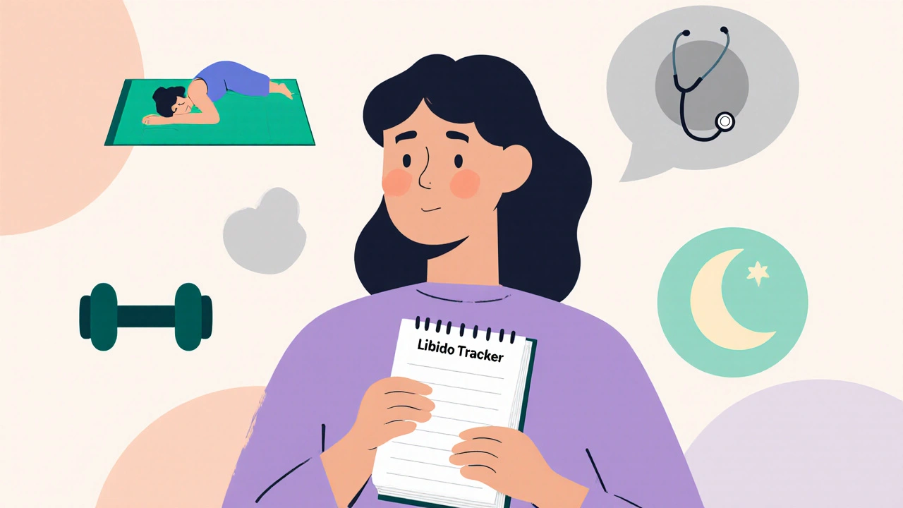 Woman tracking libido with diary, surrounded by self‑care icons and a faint IUD outline.