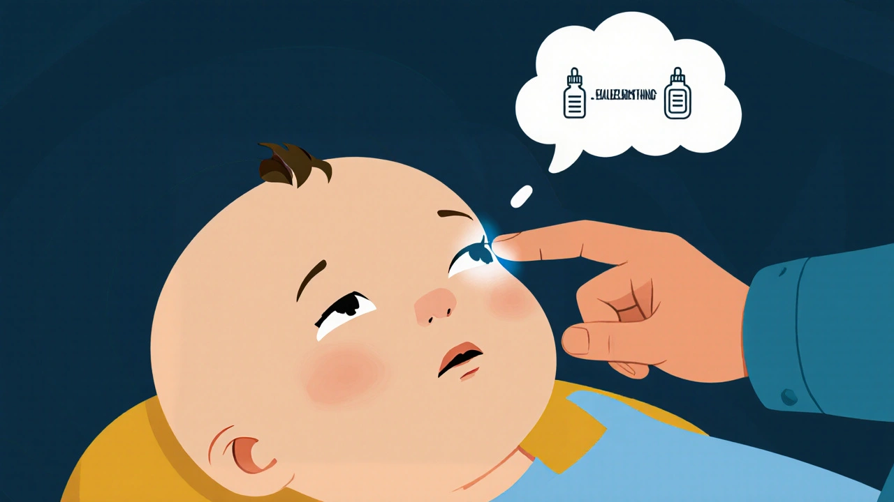 A caregiver touches a baby&#039;s face after applying eye drops, with a subtle warning of drowsiness and slowed breathing.