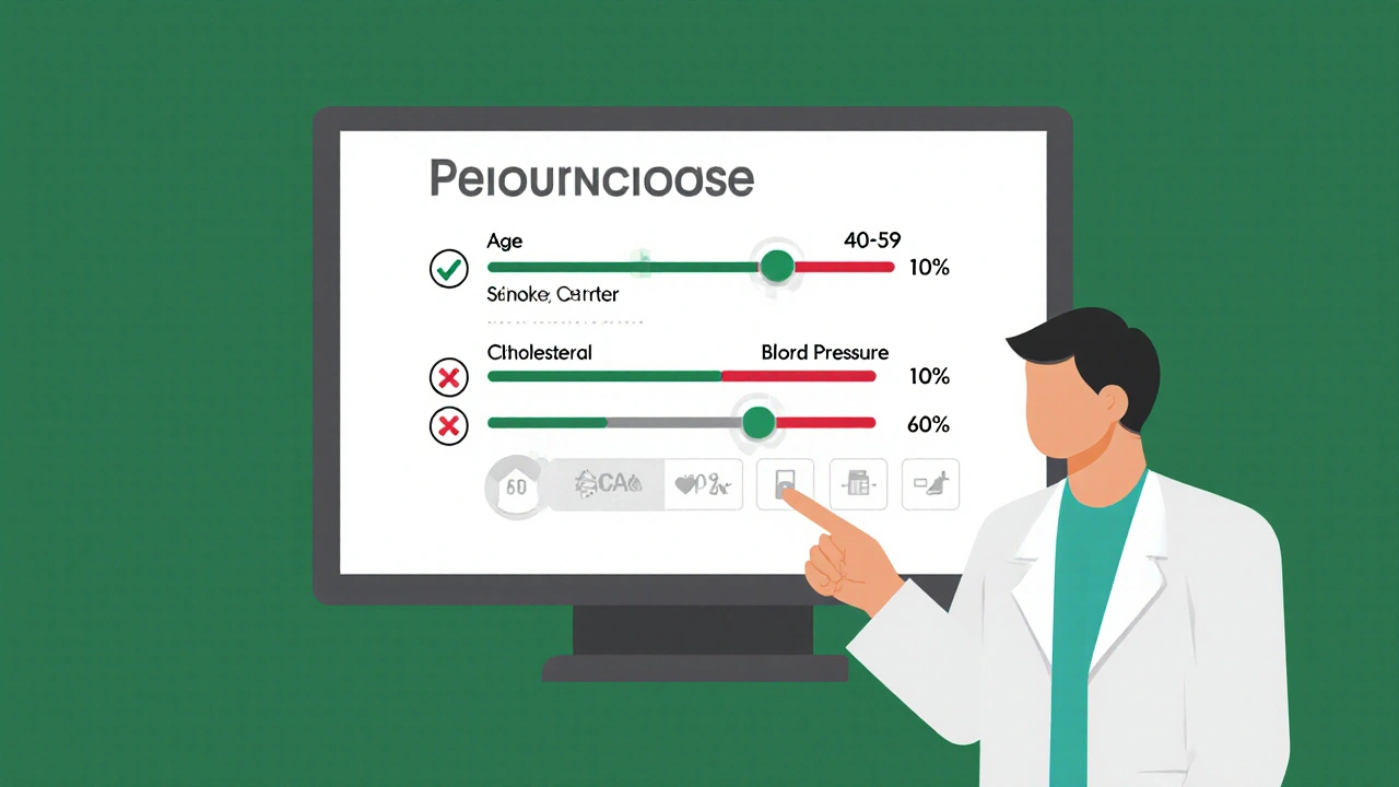 A doctor pointing to a risk calculator showing heart disease probability sliders.
