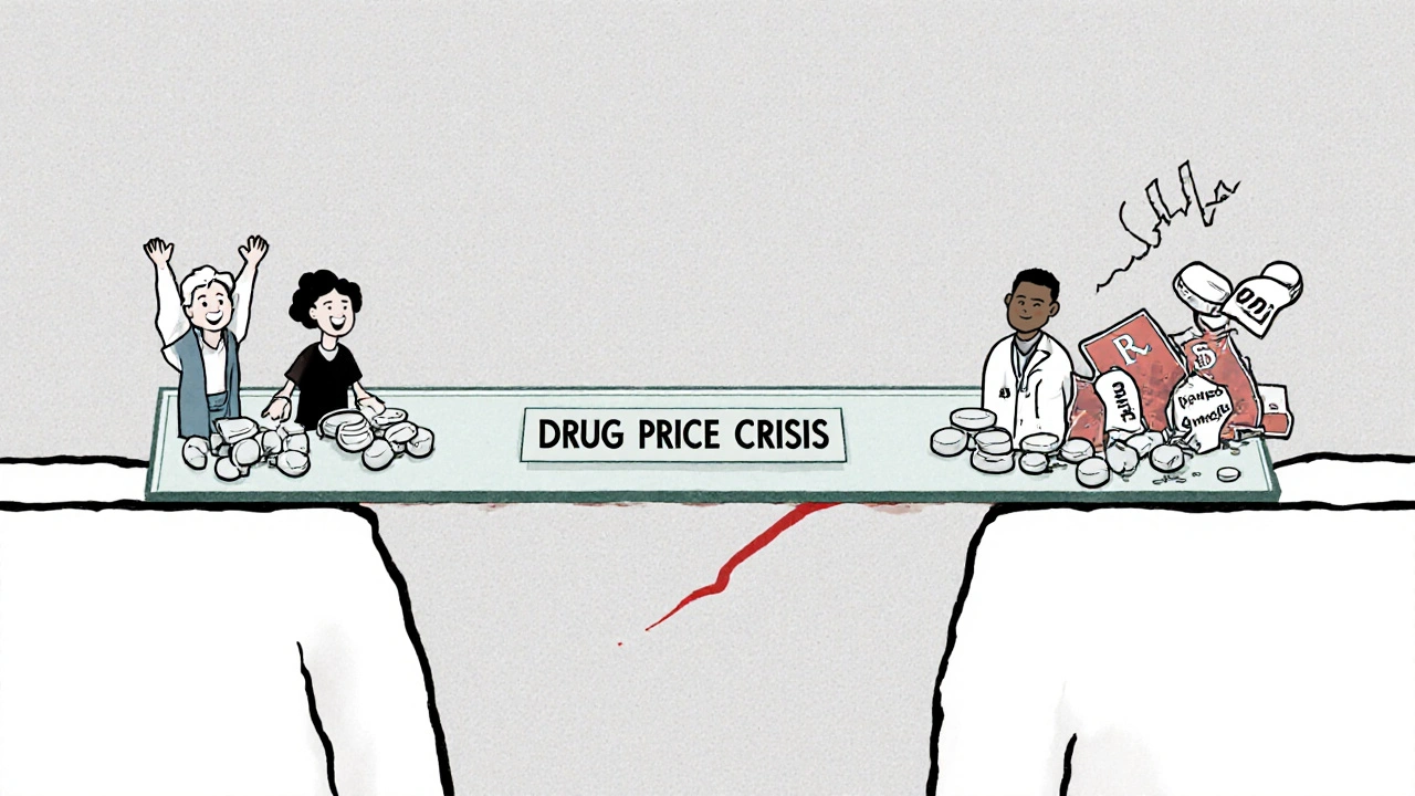 A fragile bridge made of generic pills crossing a drug price crisis chasm, with happy patients on one side.