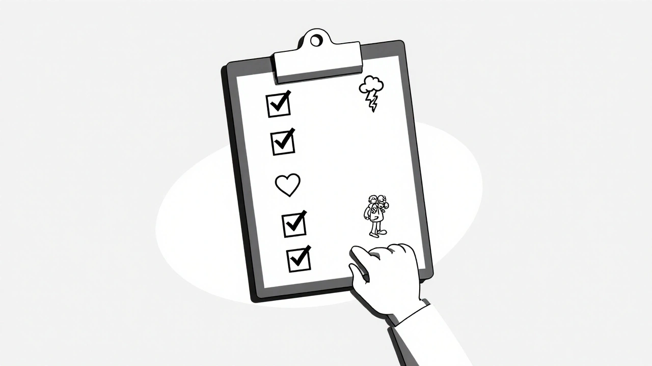 A minimalist checklist with icons representing allergies, depression, heart risk, pregnancy, and infant exposure.