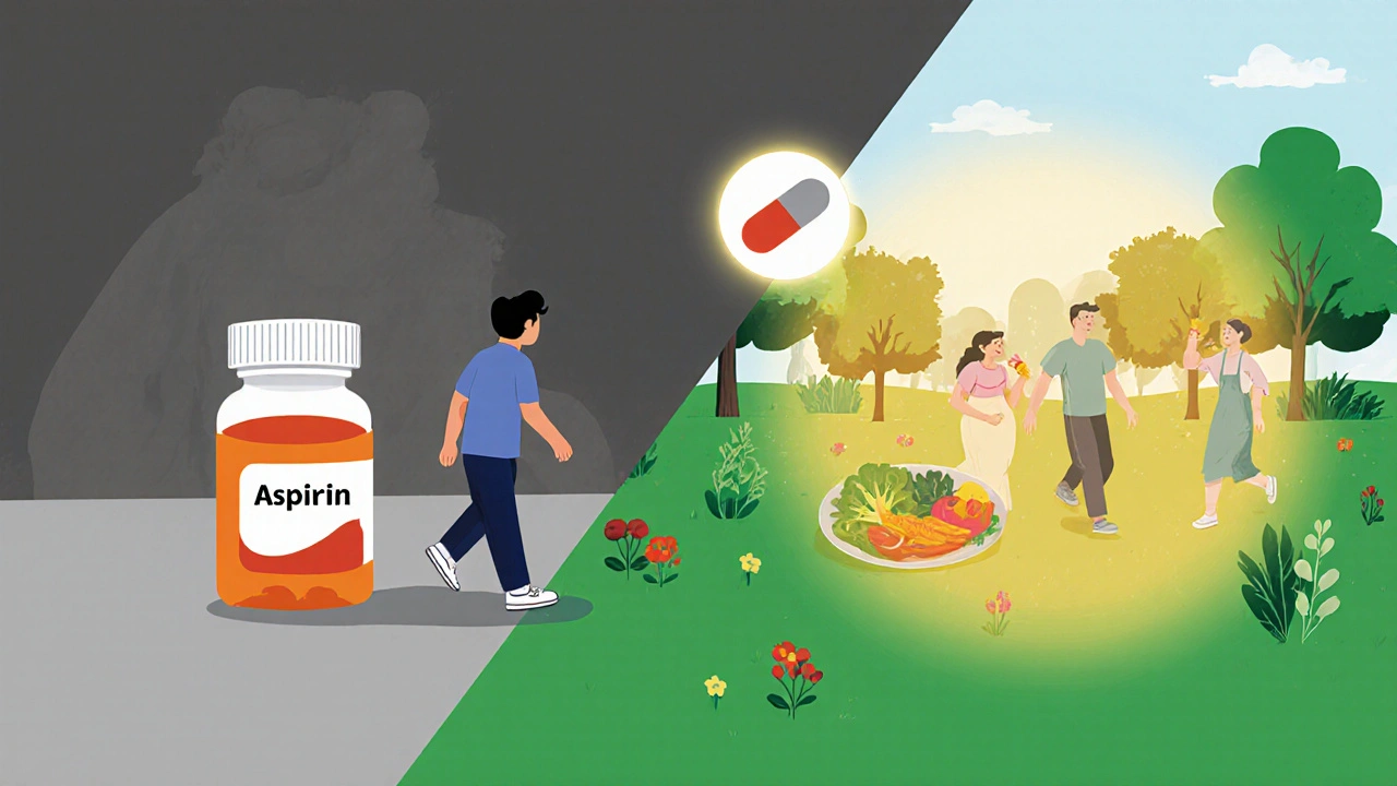 A person walking toward a healthy lifestyle while leaving aspirin behind.