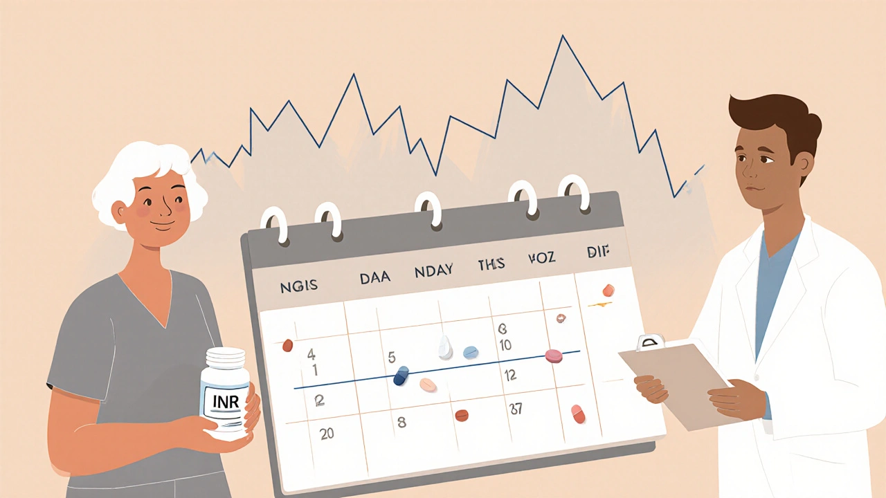 Calendar with daily vitamin K pill and stable INR line over 30 days.